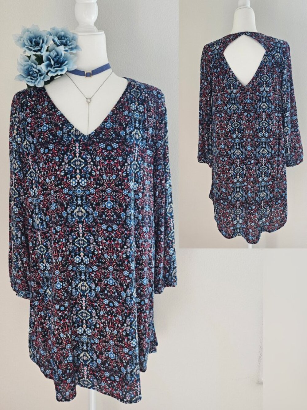 LUSH Floral Keyhole Back Mini Dress Black Blue Red M
